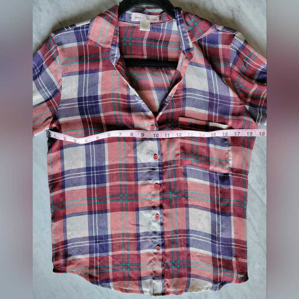 Band of Gypsies Plaid Blouse Small Red Checker Long Sleeve Button Up Casual - Picture 5 of 7